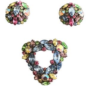 MARVELLA Uranium Glass Triangle Fruit Salad Crystal Brooch Clip Earring Set